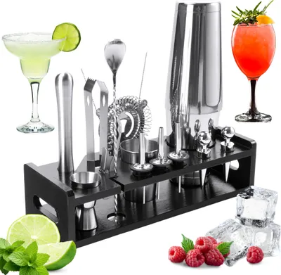 Produktbild von SEVICO Cocktail Shaker Edelstahl 17-teiliges Set Zubehör Barkeeper Kit mit Ständer  F218