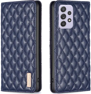 A blue quilted leather phone case for a Samsung Galaxy A52, shown from the front and back.