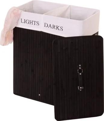 Produktbild von Wäschekorb HWC-C21, Laundry Wäschebox Wäschesammler Wäschebehälter, Bambus 2 Fächer 63x55x34cm 100l  schwarz