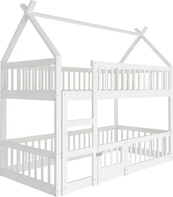 Produktbild von okwish Etagenbett Stockbett 90x200cm mit Treppe, Hochbett mit Rausfallschutz, Massivholzbett Kinderbett Bettgestell mit Lattenrost(Unterbett ohne Lattenrost), Weiß