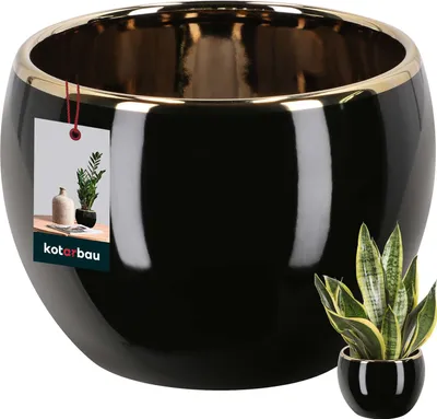 Productafbeelding van KOTARBAU® Bloempot, keramiek, geglazuurd, zwart en goud, hoogte 9 cm, diameter 11 cm, bloempot voor kamerplanten, keramische plantenpot, voor woonkamer, plantenpot voor binnen, plant pot