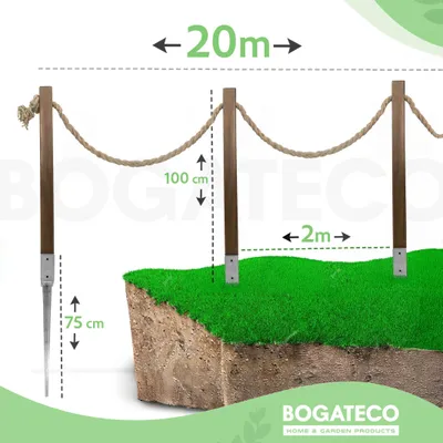 Immagine prodotto di Recinzione in legno con corda di iuta BOGATECO | recinzione a vela 20 m | 13 lunghezze diverse | kit di montaggio incluso