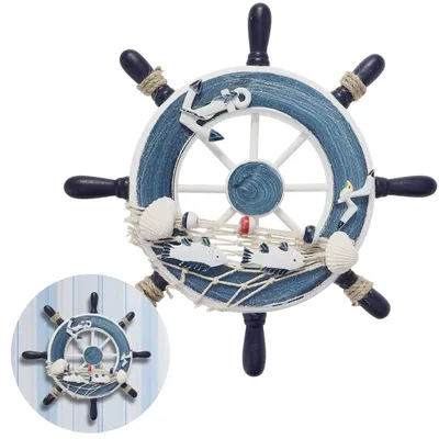 Produktbild von Steuerrad Holz mit Fischnetz Rettungsring Muscheln Seesternen Wanddeko Maritime Deko