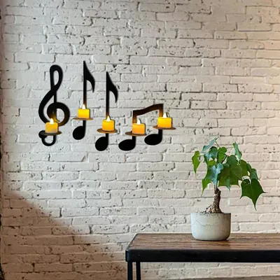 Produktbild von Dekoratives Wand-Kerzenständer Set aus Eisen, Schwarz, Musiknoten-Design, verschiedene Größen