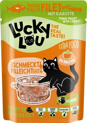 Produktbild von Lucky Lou Extrafood Thunfisch mit Karotte in Sud  Katzenfutter Katzennassfutter Futterergänzung