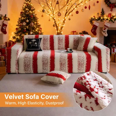 Produktbild von Stretch Sofabezug,dickem Samt Couchbezug,Rutschfester weicher Fleece Sofa überwurfdecke,Plüsch Fuzzy Ecksofa-Überzüge Möbelschutz für Kinder,Haustiere,Rot,3 Sitzer