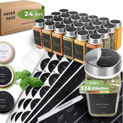 Produktbild von 𝗛𝗔𝗩𝗘𝗡𝗛𝗔𝗨𝗦 Gewürz Organizer Set I 24x Gewürzgläser eckig [120ml] mit Streuaufsätzen & Deckel luftdicht I 24x Gewürzgläser Glas mit 336 Labeln