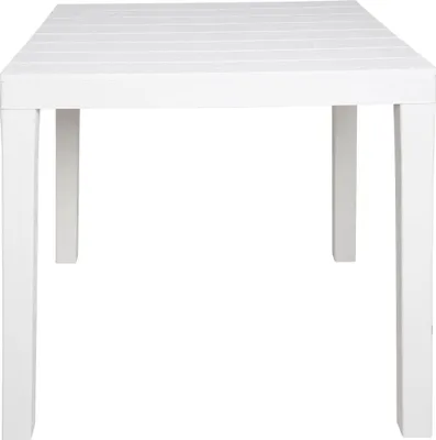 A white square table with slatted top and four legs, shown from a side angle against a white background.