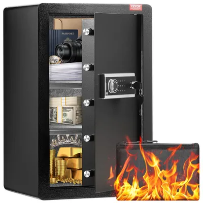 An open black safe filled with valuables like money, gold bars, and documents, with a fire-resistant pouch in the foreground.