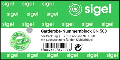 Produktbild von SIGEL GN500 Garderobe-Nummernblock, 5er-Pack, nummeriert 1-500, 2-fbg. sortiert, mit perforiertem Abriss und Lochstanzung für den Kleiderbügel, 105x50 mm, 5 x 100