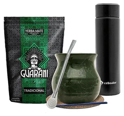 Produktbild von Guarani Mate Tee Set Elaborada Tradicional 500g - Yerba Rauchig, Viel Staub aus Paraguay - LED Thermos 480ml mit Temperaturanzeige - Mate Becher 375ml