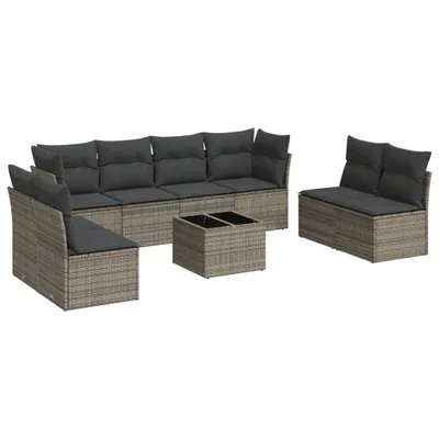 Produktbild von 9-tlg. Garten-Sofagarnitur mit Kissen Grau Poly Rattan
