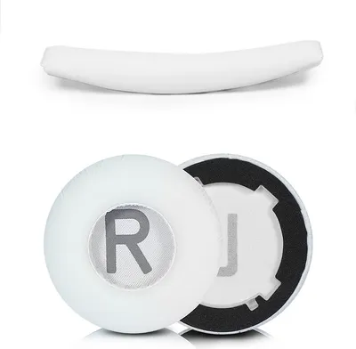 A white headband and two white ear pads for headphones are displayed against a white background.