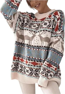 Produktbild von ASKSA Damen Colorblock Rundhals Pullover Weihnachtspullover Langarm Strickpullover Warme Christmas Sweater Elegant Oversize Weihnachtspulli,Beige,L