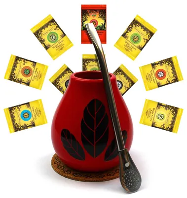 Produktbild von Mate Green Yerba Mate Tee Set - mate-tee set 10x50g, keramik mate becher Hoja Rot, Bombilla 19cm, korkpad - brasilianische yerba mate loose leaf