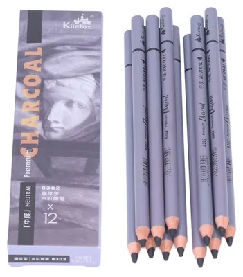 Obrázek produktu pro 12 ks uhlových tužek – pružné, hladké psaní, snadné použití; uhlové výtvarné potřeby pro detailní kreslení, skicování a malování