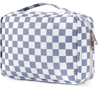 Produktbild von Kulturtasche zum Aufhängen Damen & Herren, Grau-blaues Schachbrettmuster