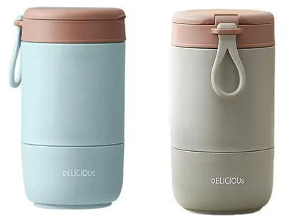 Produktbild von 2Stk 800 ml Müslibecher To Go, Lunchpot aus Edelstahl, Blau+Grün
