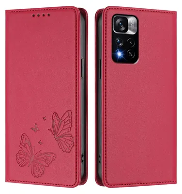 Produktbild von Lederhülle für Xiaomi Redmi Note 11 Pro+ 5G, Schmetterling Prägung Leder Brieftasche Schutzhülle mit Ständer Rot