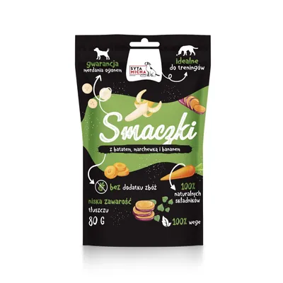 Produktbild von SYTA MICHA Vege Smaczki mit Süßkartoffel  Karotte und Banane – Delikatesse für Hunde – 80 g