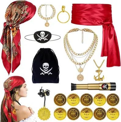 Produktbild von Piratenkostüm Damen, Piratenkopftuch, Augenklappe, Tailleketten, Haarschmuck, Kostümzubehör