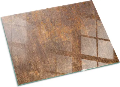 A rectangular glass floor plate with a rusty metal texture pattern, shown at an angle on a white background.