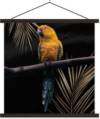 Produktbild von MuchoWow® Textilposter Vogel - Papagei - Zweig - Farn 120x120 cm mit schwarzem Rahmen - Aufhängungsset