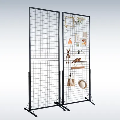 Produktbild von Zimilo Gitterwand Display 2er Set 67 x 24 Zoll, Freistehendes Gridwall Regal mit T Standfuß, Doppelseitiger Präsentationsständer mit Haken und Clips