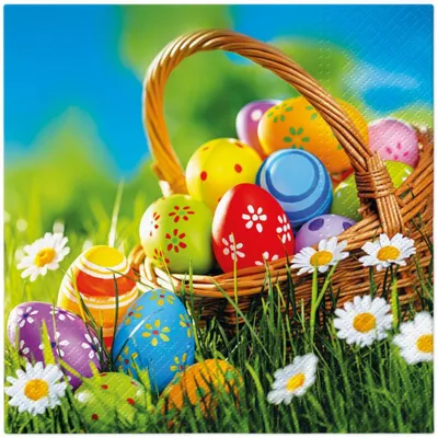 Produktbild von 20 Servietten Easter Picnic - Bemalte Ostereier im Korb 33x33cm