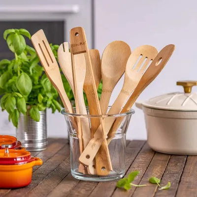 Produktbild von Küchenutensilien Set 7-teilig Holz Spatel-Kochlöffel-Gabel-Wender-Küchenzange-Bambus Zubehör-Antihaft-Kochgeschirr-Kochgeschirrset Holz