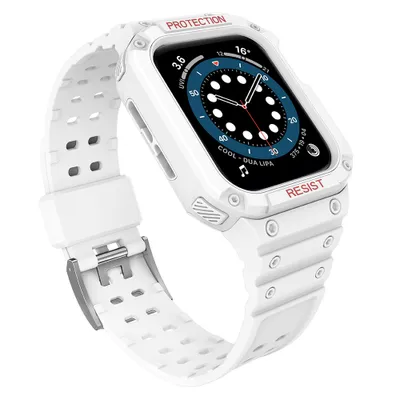 Zdjęcie produktu dla Protect Strap Band opaska z etui do Apple Watch 9 / 8 / 7 / 6 / 5 / 4 / 3 / 2 / SE / SE2 (41 / 40 / 38mm) obudowa pancerny pokrowiec na zegarek biały