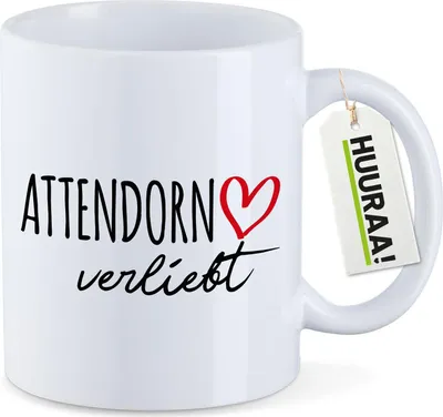 Produktbild von Huuraa Kaffeetasse Attendorn verliebt 330ml Weiß Keramik Kaffeebecher Geschenkidee