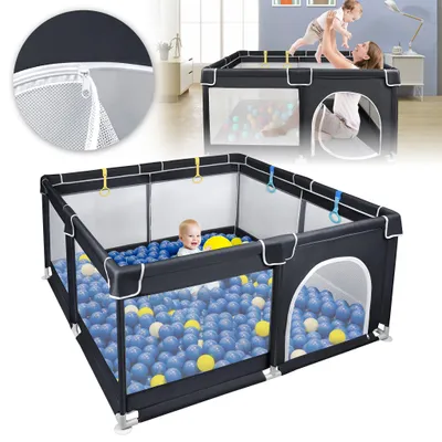 Imagen del producto de QEENTOE: Barrera de seguridad para parques infantiles, valla para bebés con cremallera, área de juego segura para interiores (negro, 127x127 cm)