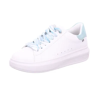 A white sneaker with light blue accents and patterned laces is shown against a white background.