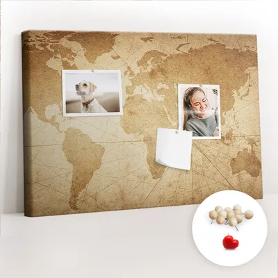 Immagine prodotto di Lavagna in sughero con puntine - Pannello con puntine per foto e appunti - 60x40 cm - Spille di legno, 100 pezzi - Mappa del mondo in stile vintage