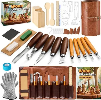 Productafbeelding van Houtsnijmes-set 26-delige met lindehout, snijbestendige handschoenen en handleiding voor beginners