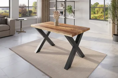 Produktbild von Esstisch Baumkante 160 x 85 cm Mangoholz Rough X-Gestell schwarz ATLAS