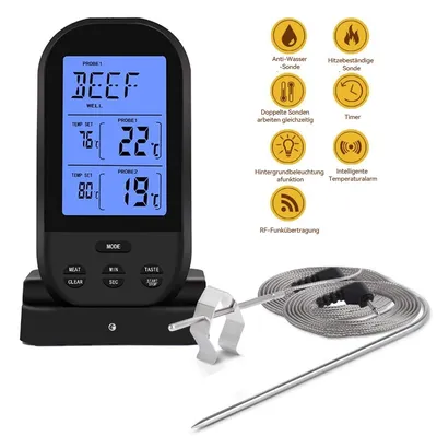 Produktbild von Grillthermometer,kabelloses digitales Fleischthermometer mit 2 Sonden,für Grill,Küche,Backen,Steak,Truthahn,Süßigkeiten,8 Fleischarten&5 Garstufen
