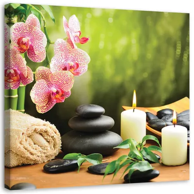 Produktbild von Leinwandbild orchideen-kerzen und zen-steine 50x50 cm Feeby grün wandbild bereit zum aufhängen
