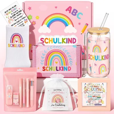 Produktbild von Einschulungsgeschenk Set Mädchen Schultüte Füllung mit Glasbecher, Brustbeutel, Briefpapier, Socken, Mutstein, Armband, Grußkarten