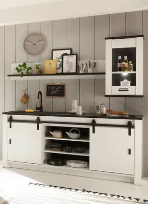 Produktbild von Küchen Set mit Spültisch, Hängeschrank und Wandregal SHELTON-61 in Pinie Weiß Nb. mit anthrazit