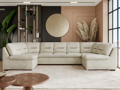 Produktbild von Sofa XXL U-Form Beige, Wohnlandschaft U Form mit Schlaffunktion, Sofa mit Schlaffunktion, Schlafsofa, Wohnzimmer Couch mit schlaffunktion - Comodo U - Beige Velvet