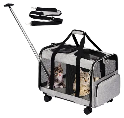Produktbild von Katzentransportbox für 2 Katzen mit Doppelabteil, Transportboxen für kleine Hunde mit abnehmbarer Trennwand und Rollen, faltbare Transporttasche für große Katzen bis 12 kg, Grau