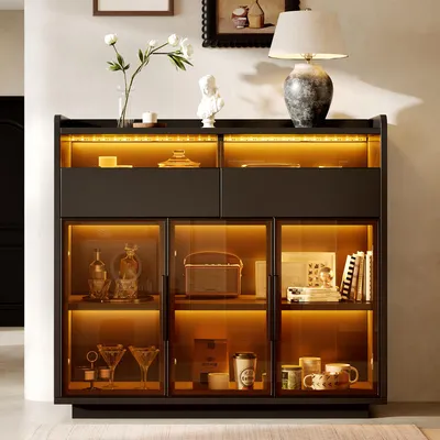 Immagine prodotto di MODFU: Vetrina in vetro nero con illuminazione a LED, mobile contenitore con 2 cassetti, mobiletto vetrina con vetro temperato, dimensioni 100x40x91,5 cm
