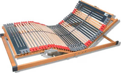 An adjustable bed frame with wooden slats.