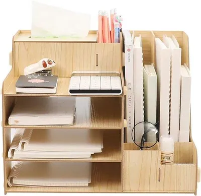 Zdjęcie produktu dla Drewniany organizer na biurko z półką na dokumenty, 38 x 29 x 28 cm