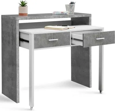Productafbeelding van Bureau van hout met een betonlook, wit, uitschuifbaar