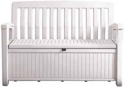 A white outdoor storage bench is shown against a white background.