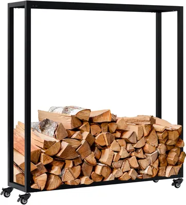 Zdjęcie produktu dla Półka na drewno do kominka Hilta – stojak na drewno na kółkach | Kolor: czarny | Wymiary: 100x25x100 cm