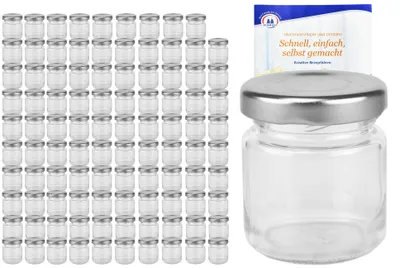 Produktbild von 100er Set Sturzglas 53 ml To 43 silberner Deckel Mini Einmach Einkoch Gläser Glas incl. Rezeptheft